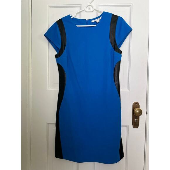 Diane Von Furstenberg Women's 12 Dress Blue Pele Leather Panel Mini Bodycon FLAW - Picture 2 of 16